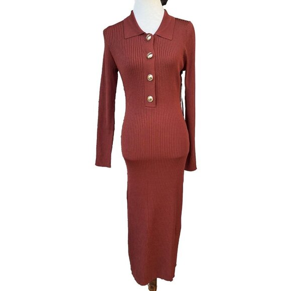 New Good American Women’s Polo Knit Side Slit Midi Dress In Brick Size 3/4 - Picture 1 of 16
